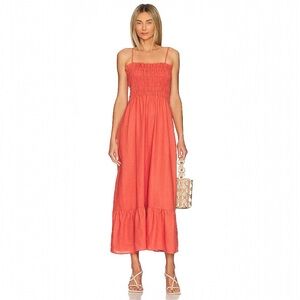 KRISA Marseille Smocked Midi Dress Rust Spaghetti Strap Flowy Resort Vacation